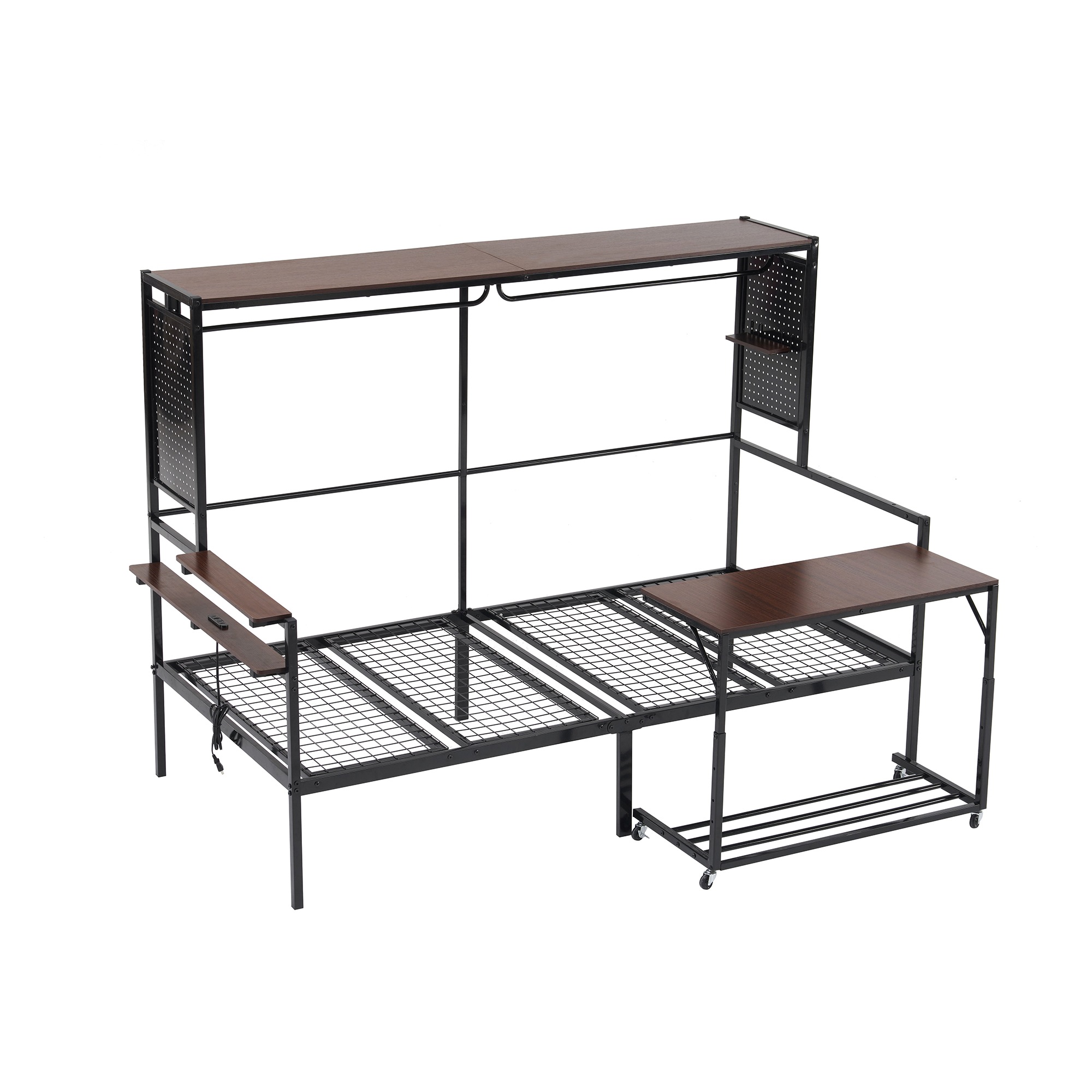 【国内出荷-送.料.無.料】システムベットロフトベッド移動型デスク付きスチールネット付き一人暮らし北欧風木目子供ベッド大人ベッドスチール耐震ベッド【新作】【ブラック】シングル74