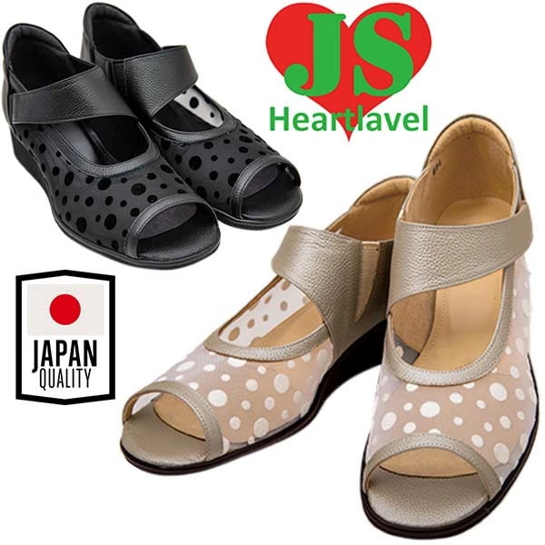 JS HEART LAVEL ジェイエスハートレーベル 624 レディース サマーシューズ 本革 日本製 ドット柄 チュール 水玉 軽い 甲ベルト フラットソール サイドにゴム 履きやすい エレガント