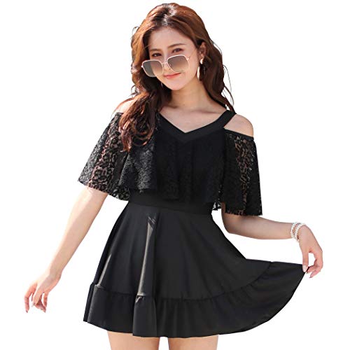 [テディショップ] 水着 レディース 体型カバー ワンピース オールインワン オフショルダー フレア 大きいサイズ hys1515 (O：ブラックレース, M(7号))