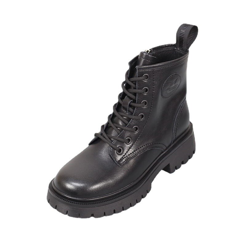 本革マーチンブーツレディース秋太ヒール厚底レトロラウンドブーツ