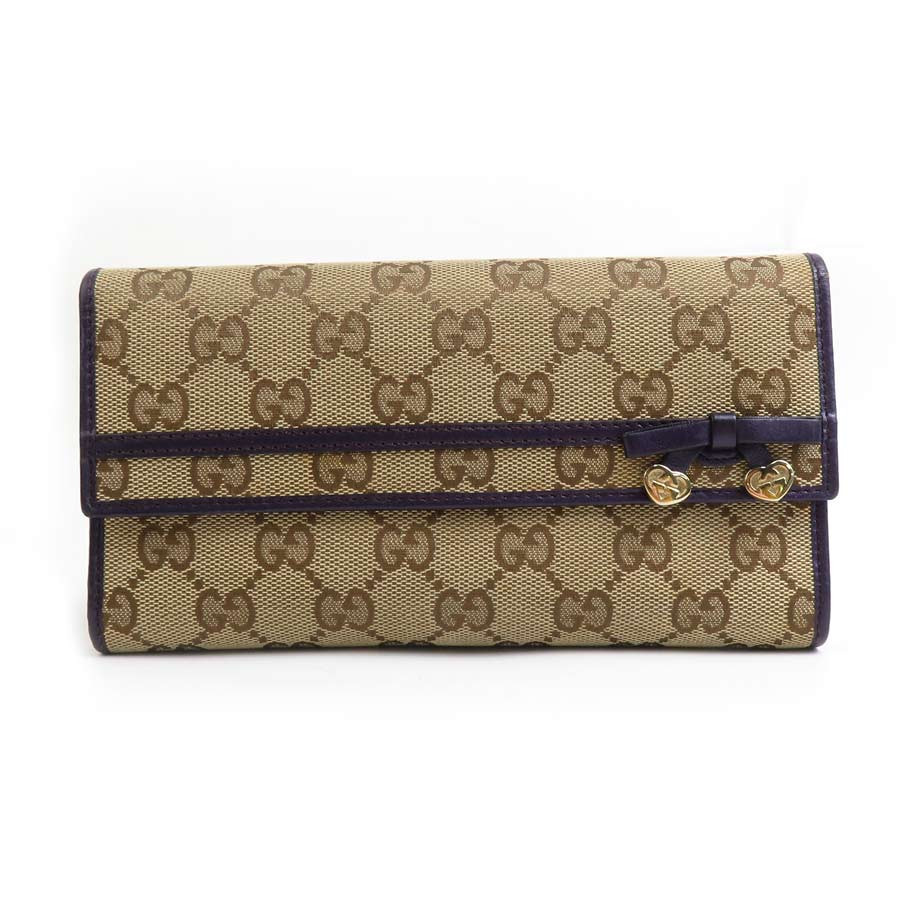 グッチ GUCCI 長財布 リボン ハート GGキャンバス/レザー ベージュ/パープル ゴールド レディース 258405 e59619a