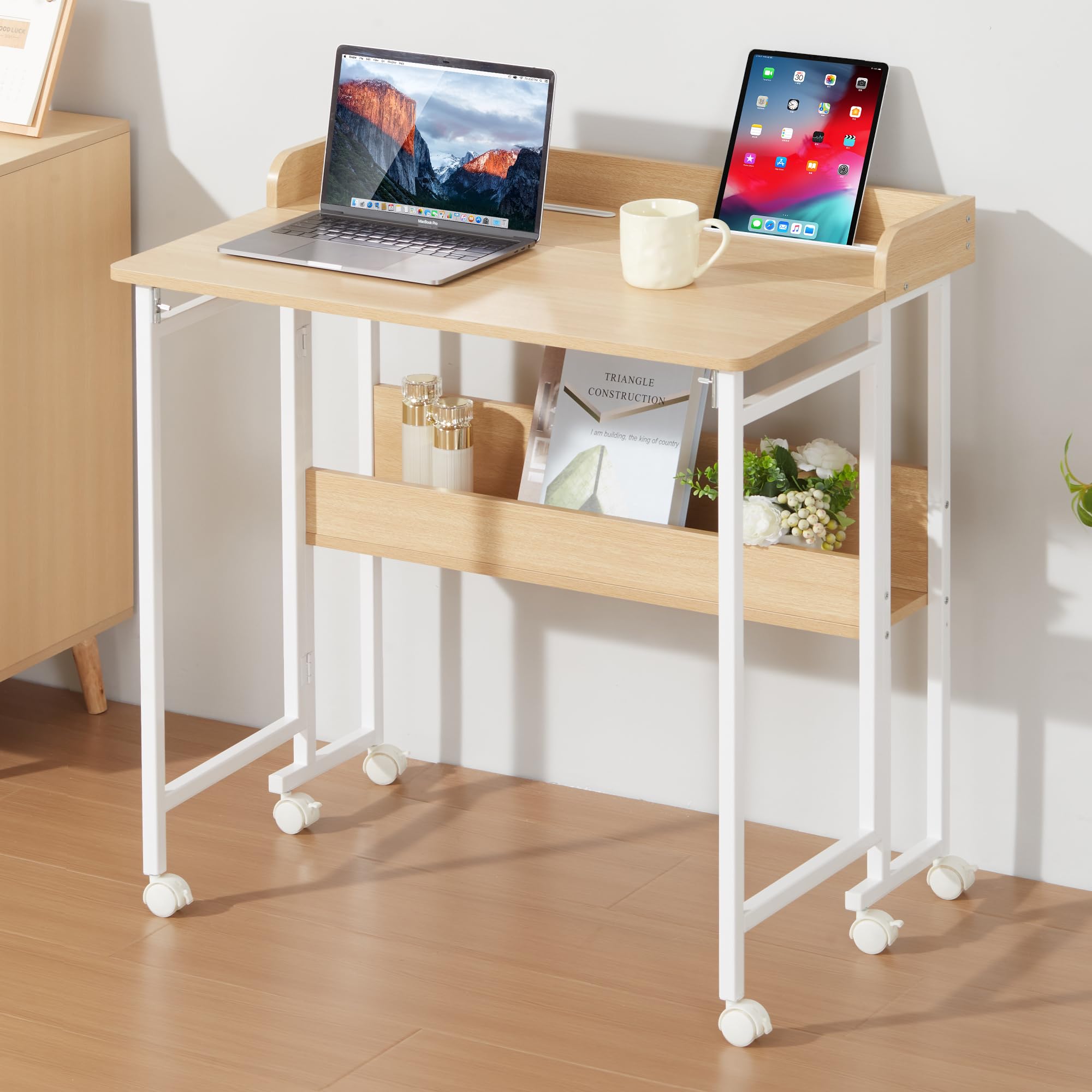 パソコンデスク 折りたたみデスク キャスター付き 幅85 奥行53 高さ80cm 省スペース テレワーク 多機能テーブル 机 コンパクト 頑丈で組立簡単 メラミン加工 一人暮らし 49639