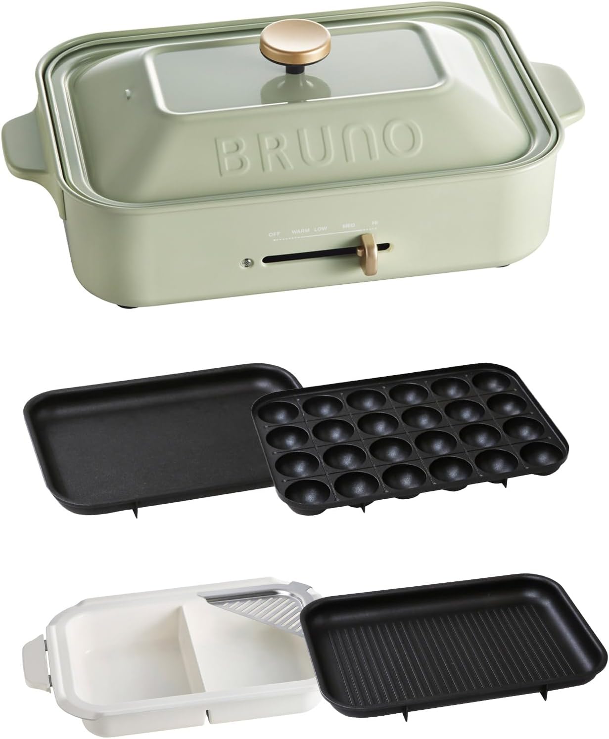 BRUNO ブルーノ コンパクトホットプレート 本体 プレート4種 (たこ焼き 仕切り鍋 平面 グリル) 焼肉 おしゃれ かわいい これ1台 一台 蓋 ふた付き 1200w 温度調節 洗いやすい