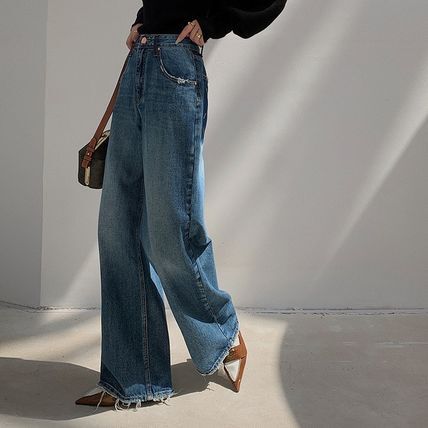 ワイド ウォッシュ デニム ダメージ ジーンズストリート 無地 ロング デニム ワイドパンツ オーバーサイズ カットオフデニム フロントボタン 謝恩会 ラウンジウェア ダメージジーンズ