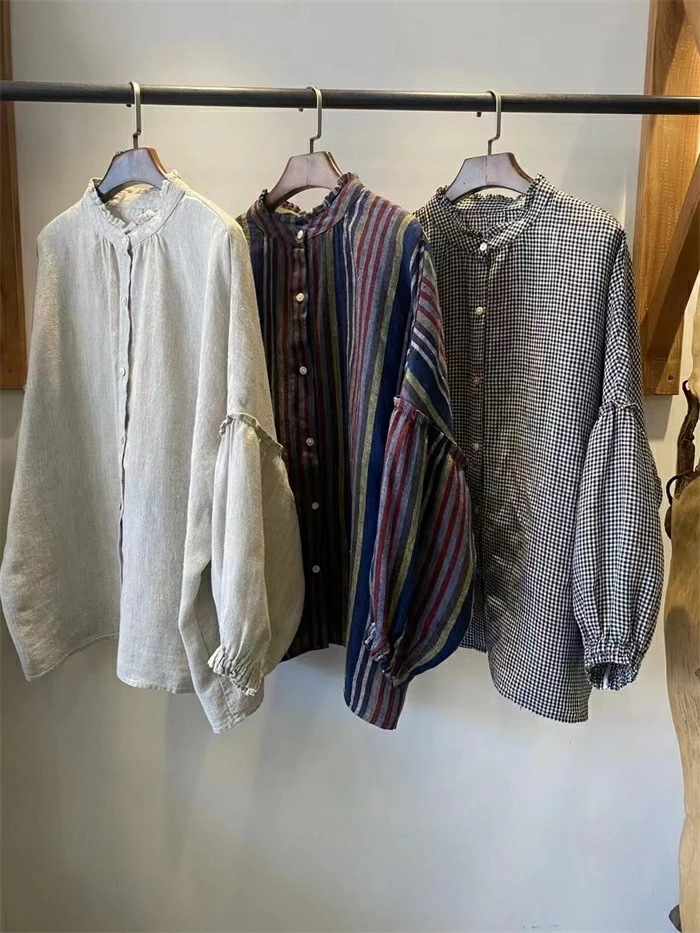 シャツ フリル襟 レディース 春秋 リネン 麻 リネンシャツ 麻100％ 長袖 ブラウス シャツブラウス 無地 チェック ストライプ ナチュラル 前開き トップス ゆったり 体型カバー 着瘦せ 森ガー
