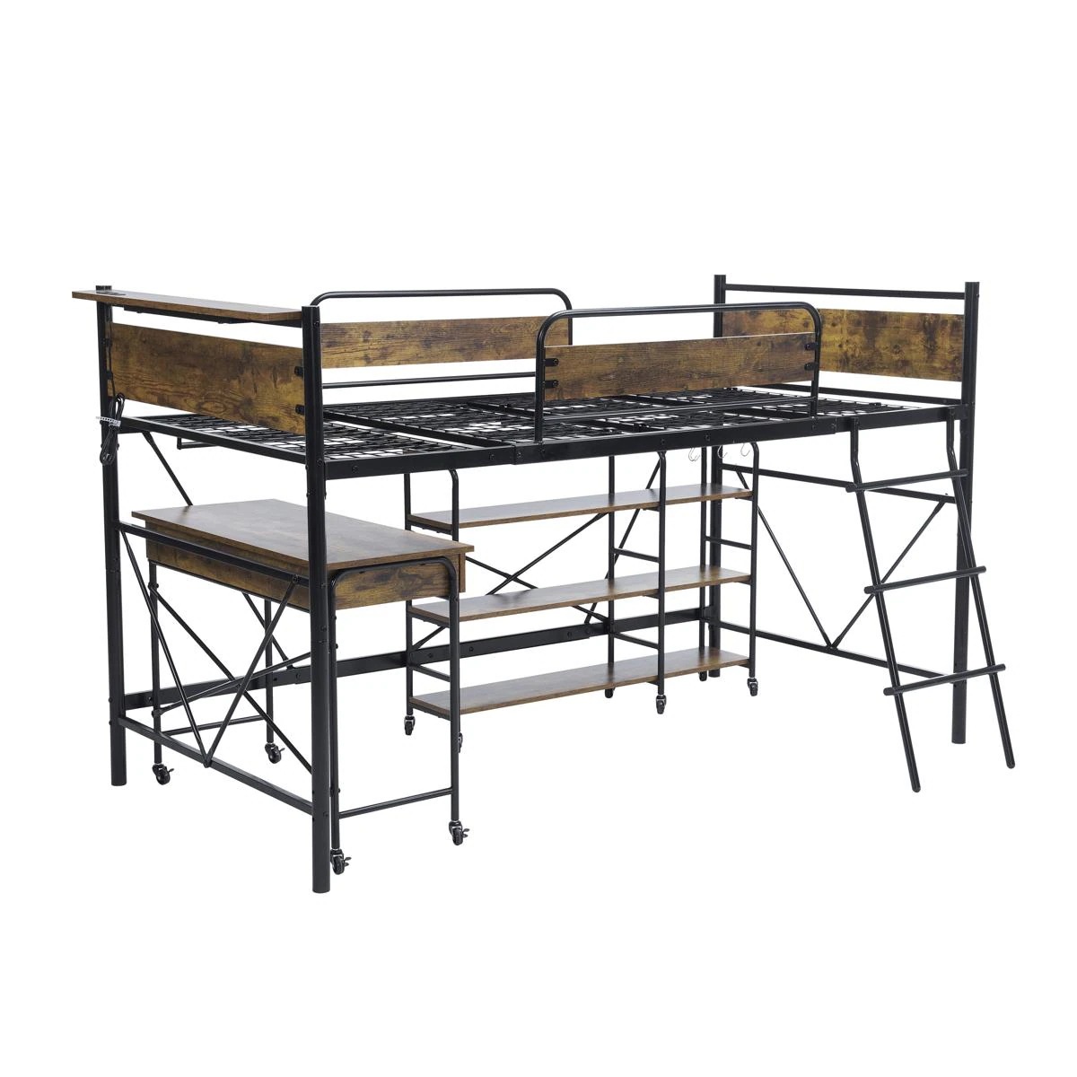 システムベッド ベッド+デスク+ラック 3点セットロフトベッド パイプベッド シングル 耐荷重150kg ロータイプ ミドルタイプ 収納 北欧風 大人 一人暮らし ハンガーポール4本付属 スチール
