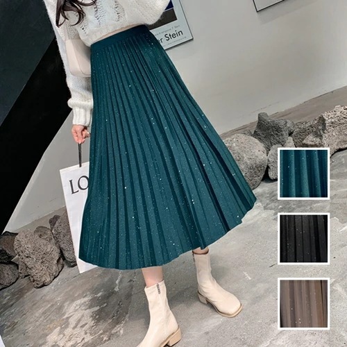 スカート ボトムス 韓国 ファッション レディース 秋 冬 カジュアル コーデ シンプル 定番 セレカジ 20代 30代 40代 2025大きいサイズ プリーツ グリッター ミモレ丈 着回し