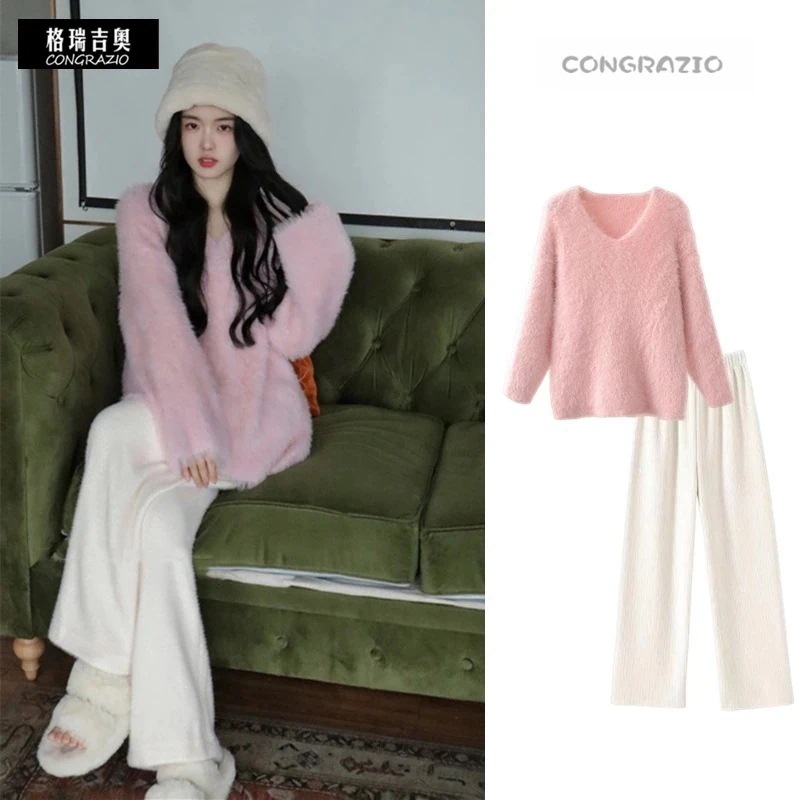 セットア セットアップ 2点セット セットアップ リラックスコーデ スウェット セットアップ Vネック 新品掲載！レディース パステルカラー ニットセーター＆ボア裏起毛ワイドパンツ ルーズシルエット