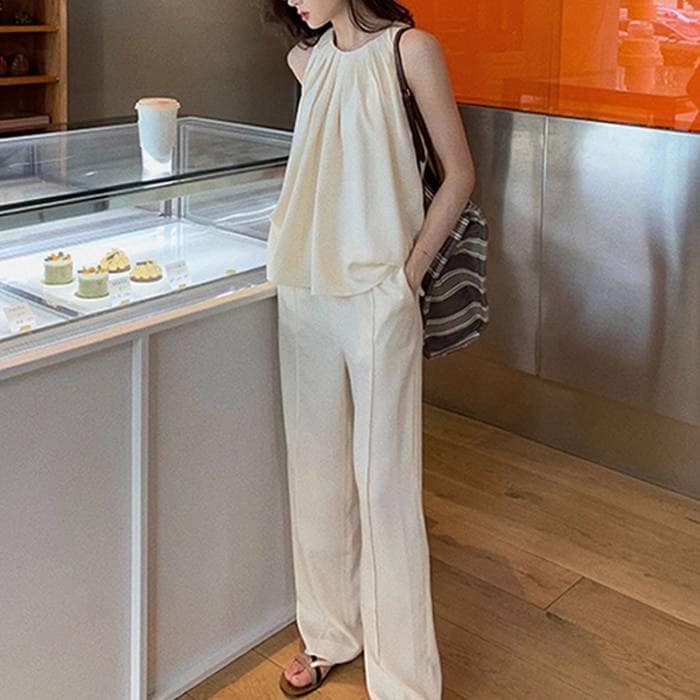 人気新作2点セット レディース パンツ ボトムス プルオーバー セットアップ ロングパンツ ワイドパンツ ロング 袖なし ノースリーブ ホルターネック ハイウエスト かわいい 大人可愛い きれいめ シ