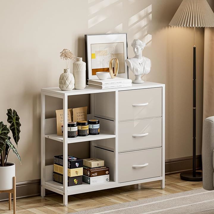 収納チェスト 棚付き 洋服タンス リビングチェスト キャビネット 布製 引き出し 箪笥リビング収納 布製引き出し 収納ケース 衣類収納 軽量 コンパクト( ベージュ, 3引き出し)