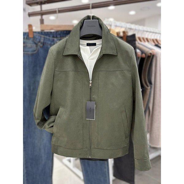 メンズ 春秋 シーズン ビガン スエード セム トラッカ ライダ ジャケット ジップアップ ハフ ショートジャンパ カーキ色