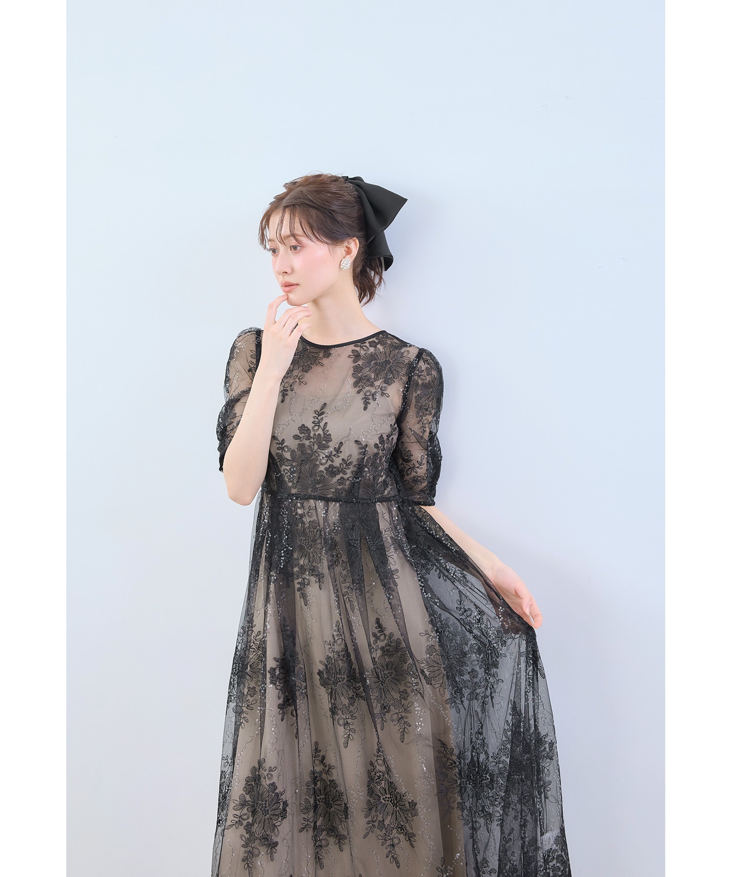 エンブロイダリーレイヤードドレス パーティードレス 結婚式 ワンピース 刺繍 花柄 スパンコール バックリボン ロング丈 半袖 お呼ばれ パーティー 二次会 披露宴 謝恩会 成人式 同窓会 入学式