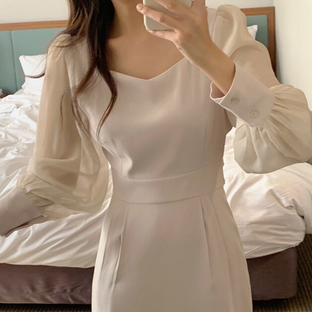 ワンピース ロジスワンピース ロング ロング丈 長袖 ボリューム袖 フレンチスリーブ 萌袖 スクエアネック マーメイド シフォン リボン ウエストマーク ウエストリボン 個性的 スリット