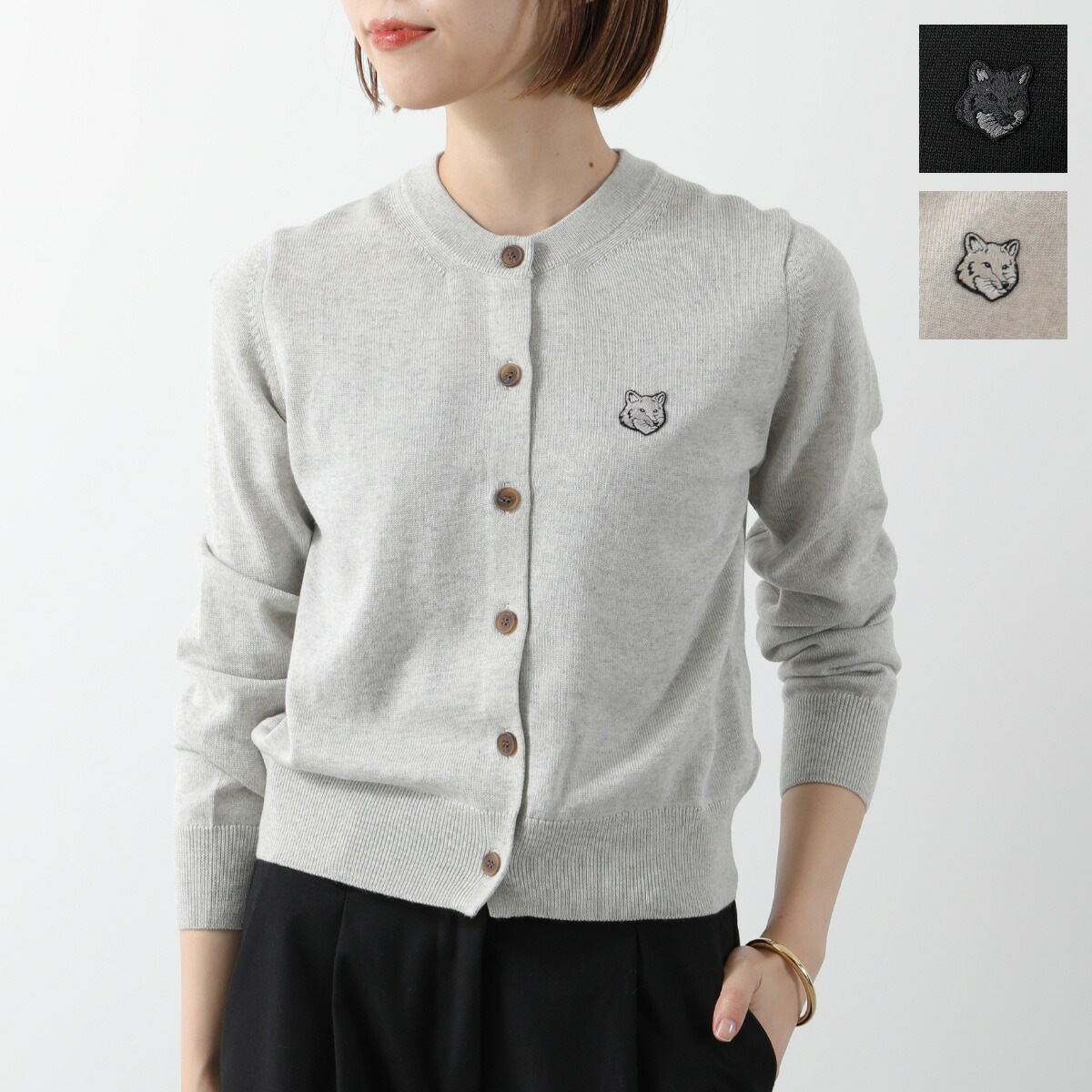 MAISON KITSUNE メゾンキツネ カーディガン MW00508KT1036 レディース 長袖 ウール クルーネック フォックスヘッド刺繍パッチ P199/BLACK