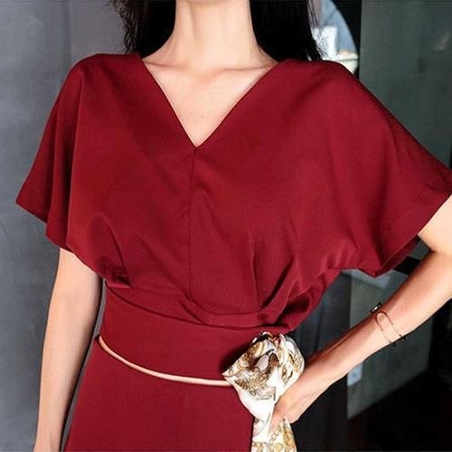 1523. Vネックハイウエストセットアップ（ワインレッド） 2019 春夏 sale パーティー お呼ばれ レストラン 女子会 披露宴 結婚式