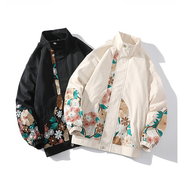 花柄刺繍ジャケット チャイナ風スカジャン 男女兼用 - ジャケット 