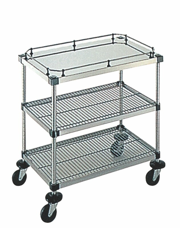 本間冬治工業 弁慶シェルフワゴン 3段 上段ボード棚ガード付/中下段メッシュ棚 610x900xH827mm 6-3-GB-2M-9