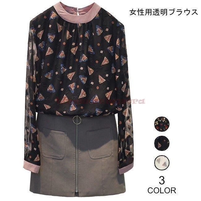 ブラウス 長袖 レディース 長袖ブラウス 透明 裏地付き シャツ ゆったり エスニック柄 女性用 トップス 薄手 春 夏 レトロ お洒落