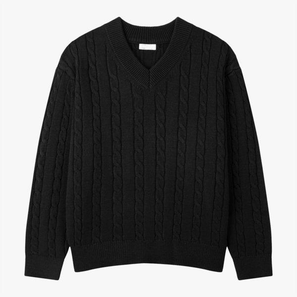 メンズ カイン ウォッシャブル ケーブル Vネック 長袖 ニットTシャツ GN-KN-Q005-ブラック