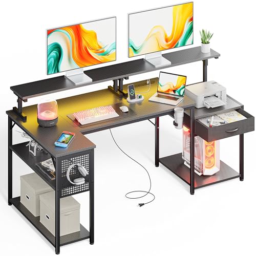 DOMICON L字デスク パソコンデスク 黒 幅183cm 引き出し付き コンセント付き 収納 ゲ