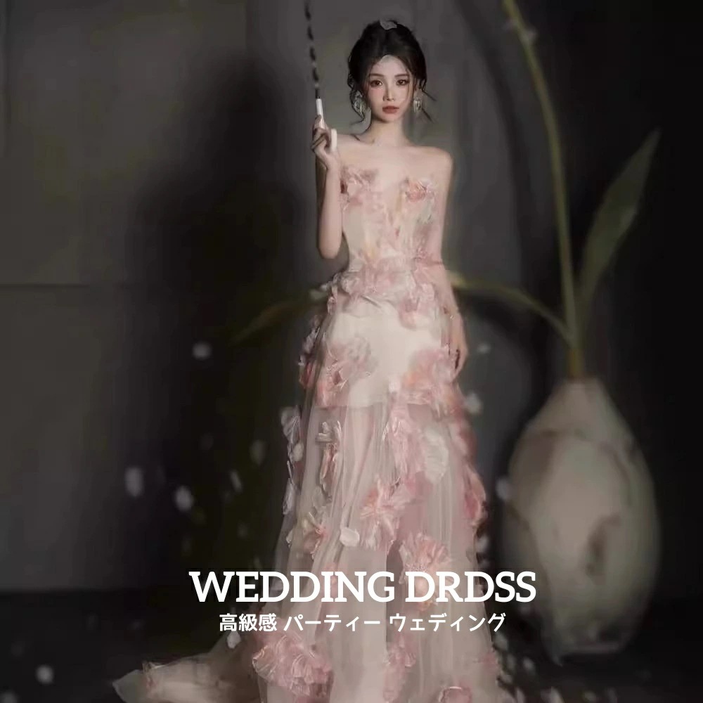 新品早く買いに来て レディースドレス イブニング ウェディングドレス 高級感 上品 きれいめ ピンク 花柄 ロングドレス 宴会 成人式 披露宴 舞台演出 音楽会 ピンク 着痩せ オフショルダー お呼