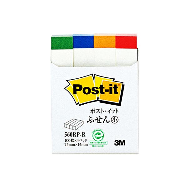 （まとめ） 3M ポストイット ふせん小 再生紙スタンダードカラー 75×14mm ホワイト（4色帯入） 560RP-R 1パック（4冊） (×15セット)