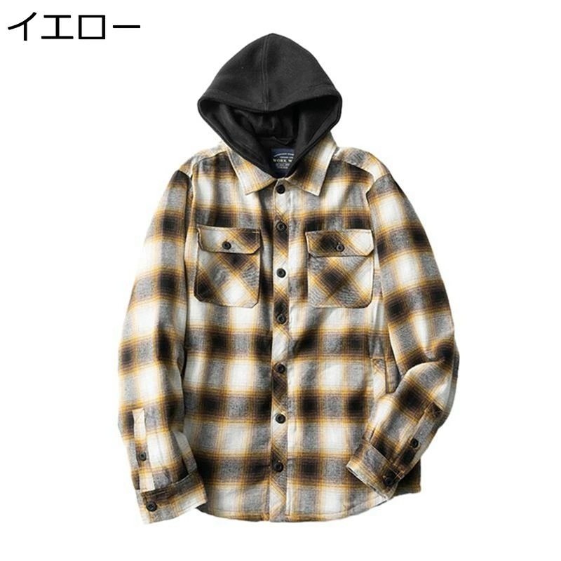 チェック柄シャツ フード付きシャツ メンズ シャツジャケット 男女兼用 韓国 おしゃれ パッチワーク 重ね着風 レトロ カジュアル スポーツ アウトドア オーバーサイズ