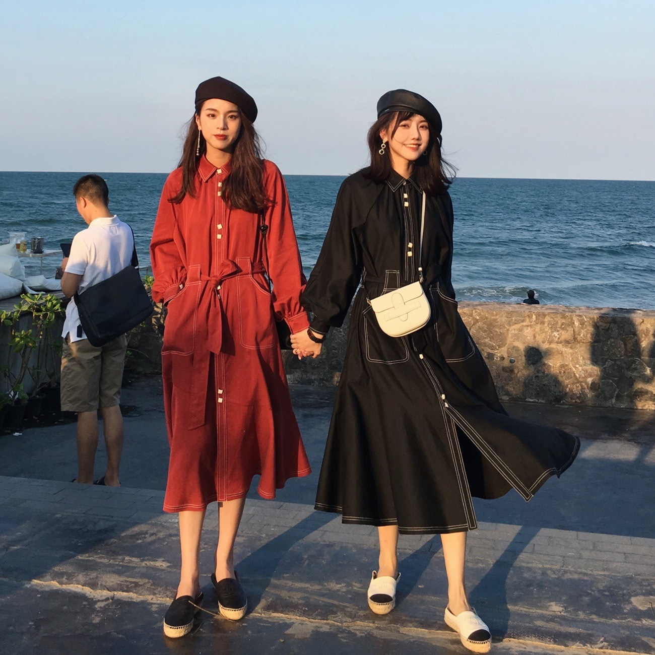 赤い長袖のシャツワンピース女初秋の気质を入れる復古智薫スカートフランス桔梗スカート