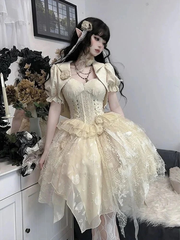 3日出荷 2026年 ロリータ ワンピース+花+キャンバスショルダー ダークjskスカート 春服 レディース