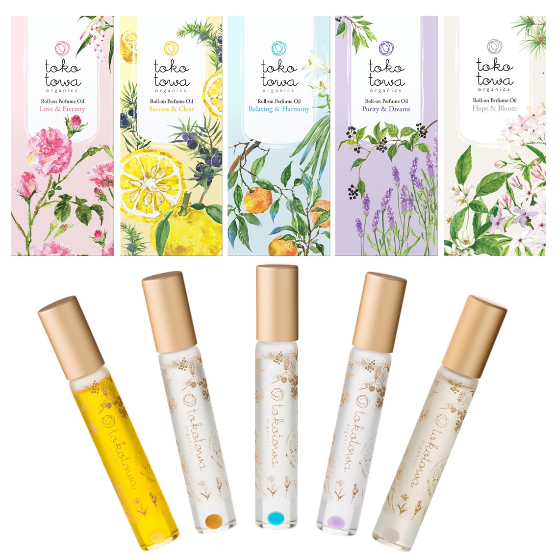 オーガニックロールオンパフュームオイル 5本フルセット [ローズと日本の月桃　柚子とジュニパー　日本の橙とバニラ　黒文字とラベンダー　ネロリとジャスミン 日本の高野槇　の香り]　ネイルオイル