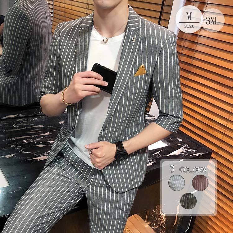 おすすめ品2ピーススーツ メンズ カジュアルスーツ ビジネススーツ テーラードジャケット ストライプ 七分袖 スタイリッシュスーツ ビジネススーツ テーラードジャケット ストライプ 七分袖 スタイリッ
