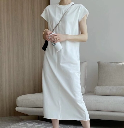 ワンピース ワンピドレス ロング丈 半袖 ラウンドネック Iライン 伸縮性 かわいい 大人可愛い きれいめ シンプル カジュアル 大人 上品 おしゃれ かっこいい 大人女子 こなれ感 ラフ 無地 春