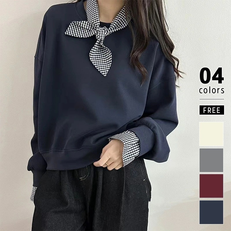 [迅速な配達][限時割!引!]トレーナー スカーフ付き カットソー 重ね着 チェック柄 ギンガムチェック 長袖 レディース つけ袖 シャツ スカーフ セット おしゃれ プルオーバー スウェット トップ