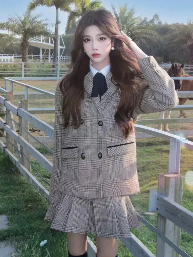 【送料無料】女の子スーツ4点セット　千鳥格子ブレザー　　プレッピースーツ　ブリティッシュスタイル　ジャパニーズ　プリーツスカート　ツーピースセット　卒業式
