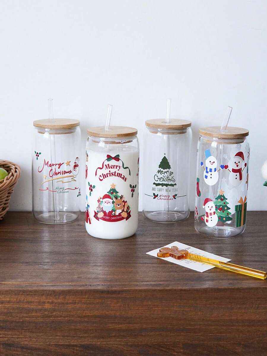 1個 クリスマスサンタクロースグラスカップ ストロー付き雪だるまメリークリスマストナカイクリスマスツリー柄の飲料カップクリスマスホームデコレーションクリスマスイブパーティーアフタヌーンテ