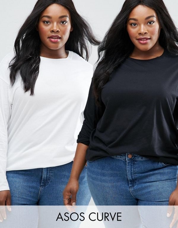 ASOS エイソス レディース 大きめサイズ ゆったりサイズ 送料無料 Black/white CURVE Ultimate Long Sleeved Tunic Oversized T-Shirt