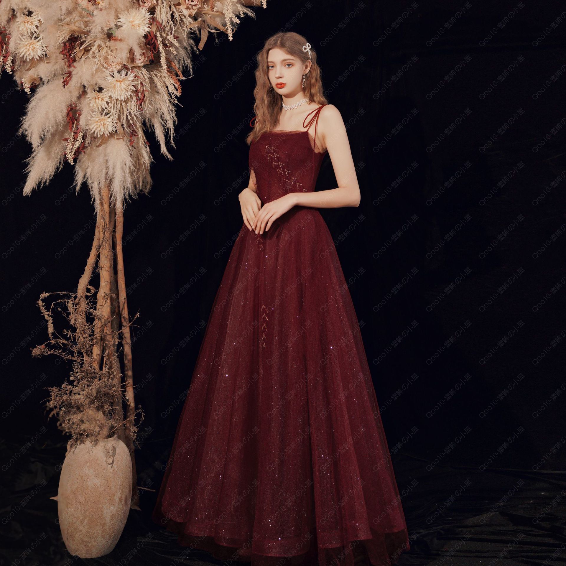 ロングドレス カラードレス ワンピース ウェディングドレス二次会 パーティードレス演奏会発表会コンサート舞台卒業式謝恩会同窓会披露宴ピアノ ワインレッド-84