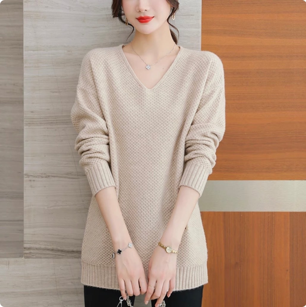 レディース トップス カットソー ニット セーター デート ワンピドレス ミディアム丈 袖あり 長袖 ボリューム袖 萌袖 Vネック 襟なし ワイド スマート デニム ブルーデニム かわいい