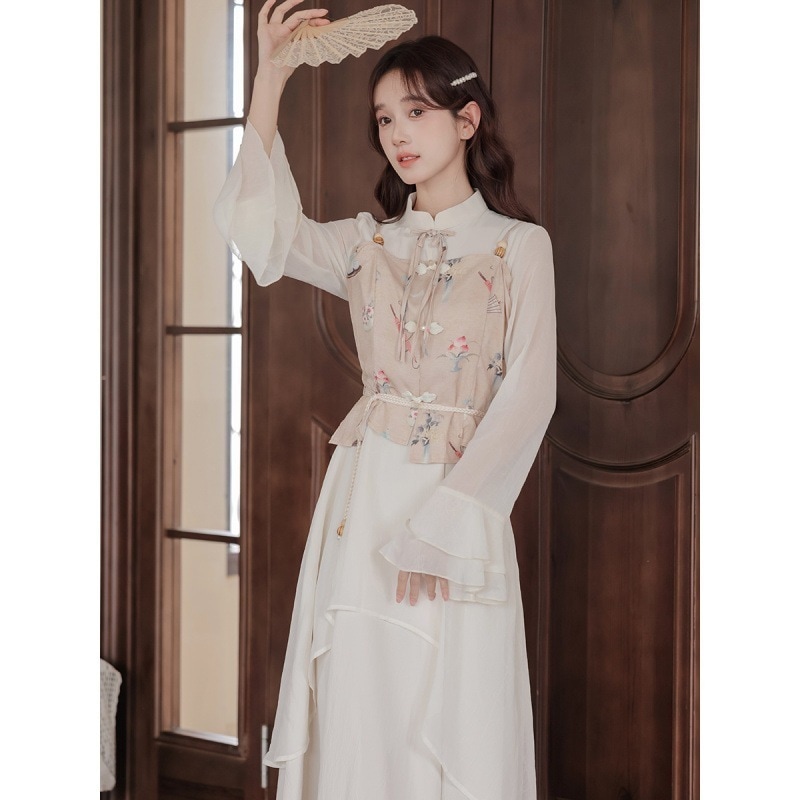 【急速出荷】送.料.無.料.イレギュラースタンドカラープリント風 ウエスト ロングスカート ワンピース