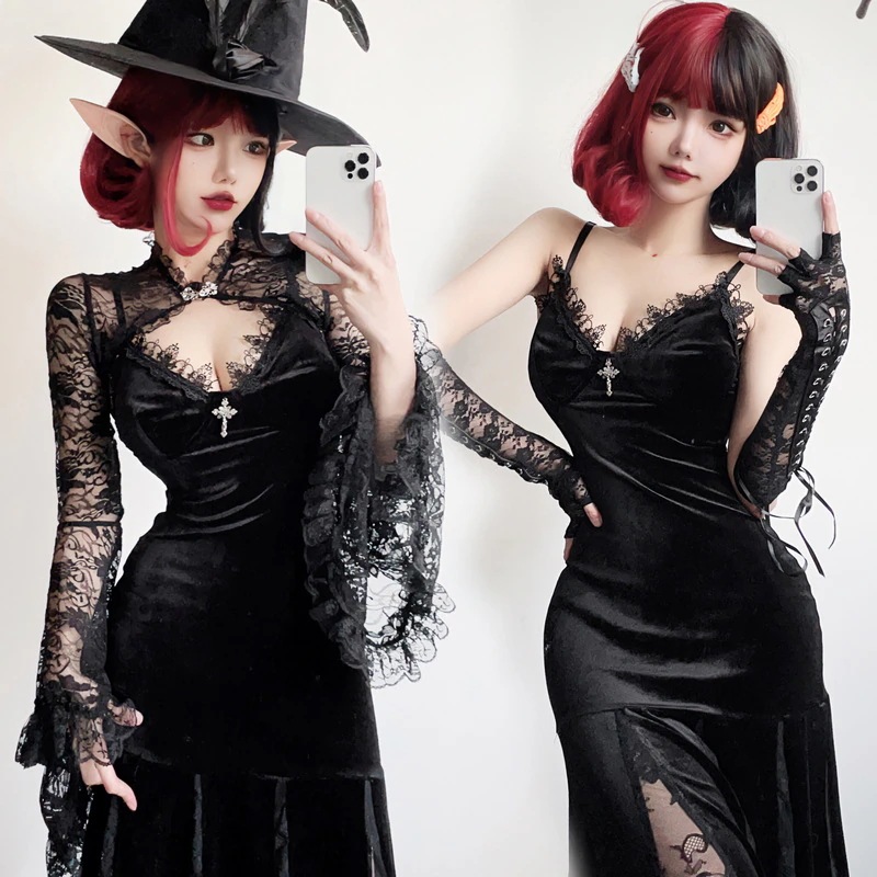 ヨーロッパとアメリカの外国貿易ダークゴシックハロウィンコスチューム黒ドレスロングセクシーなチャイナドレスホットガール魔女コスチューム