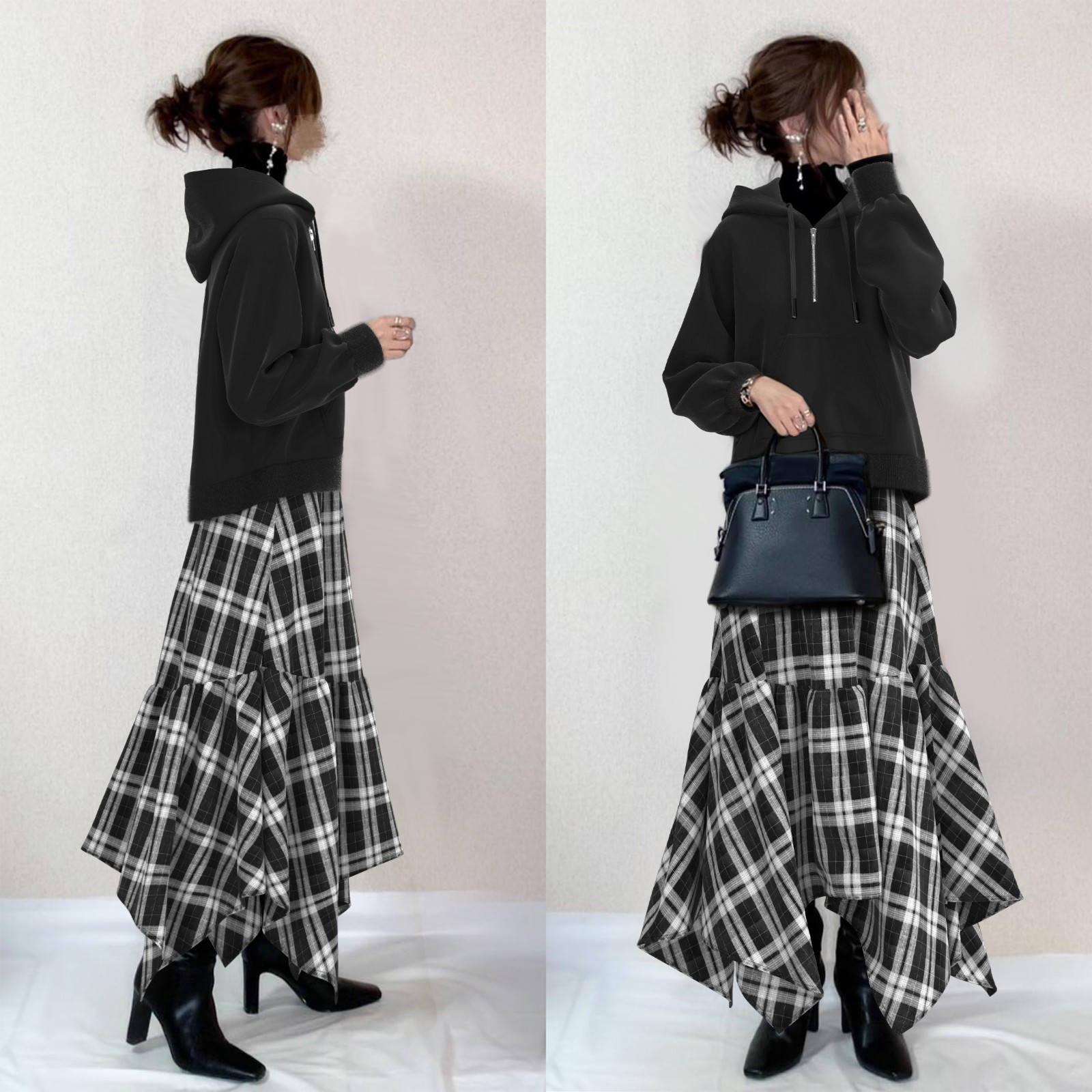 【人気上昇中】 ファスナーパーカー＋チェック柄スカートワンピースセット