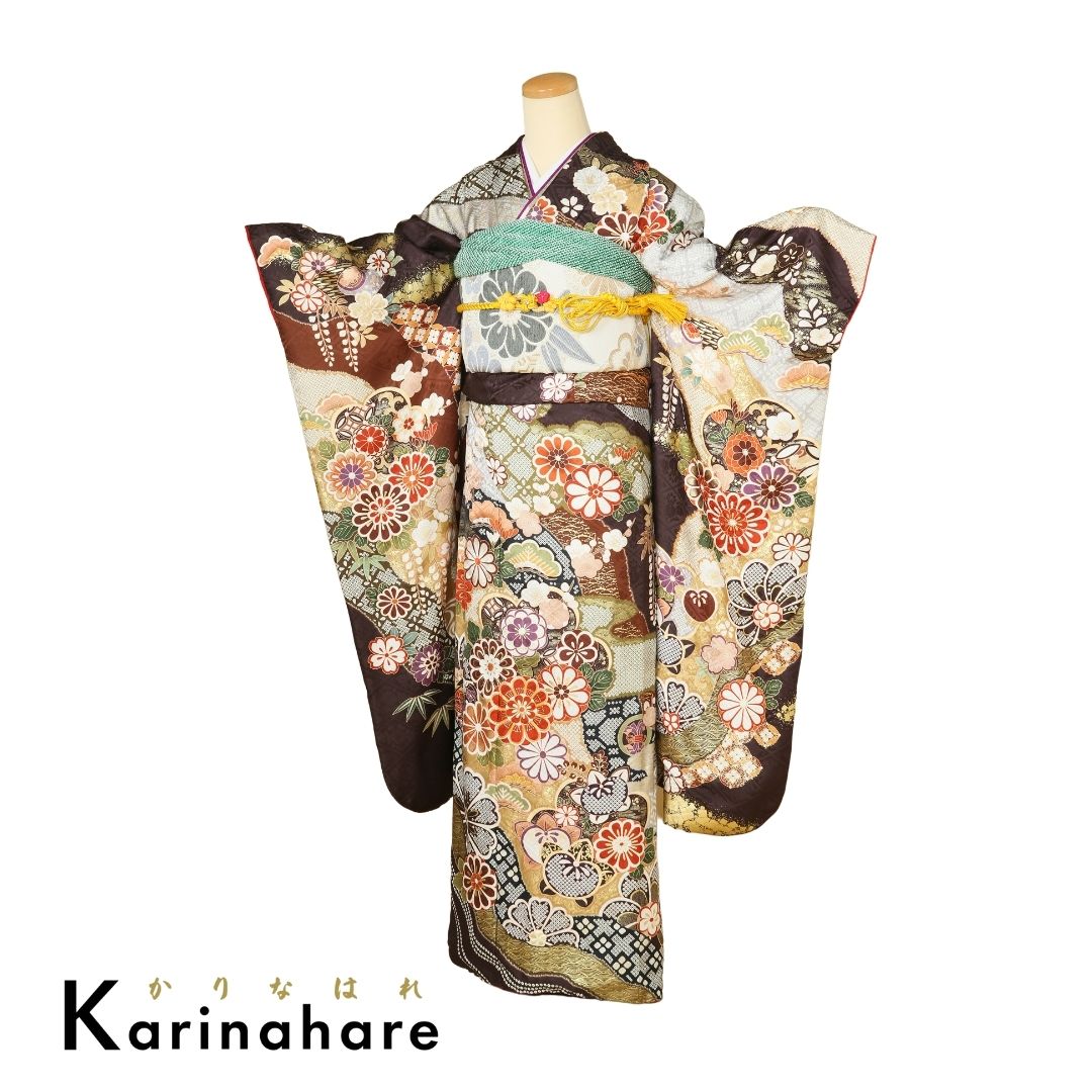 結婚式結納振袖レンタル深い茶色地に金色使いで奥深い古典柄F737-108 16,500円