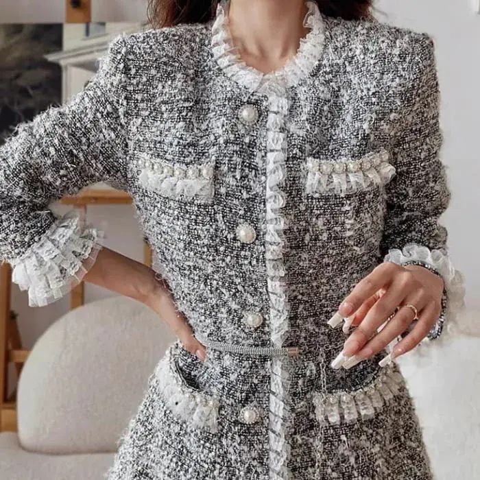 コート ノーカラー ラメ ツイード パール レース フリル 長袖 Aライン コート グレー灰色 アウター レディース 大人 お嬢様 上品 きれいめ オシャレ 人と被らない 他と被らない防寒