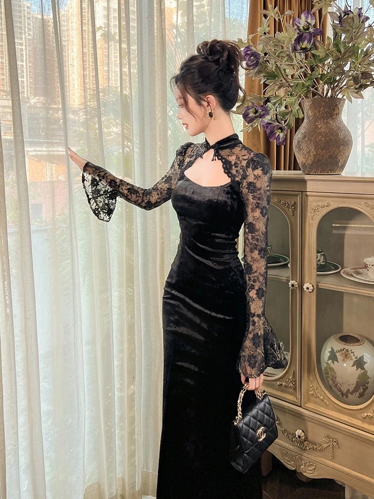 着痩せ パーティードレス 二次会 大人 ベルベット レース 演奏会 卒業式 フリル キャバ 同窓会 チャイナドレス ウェディング 披露宴 結婚式 秋冬 5,078円