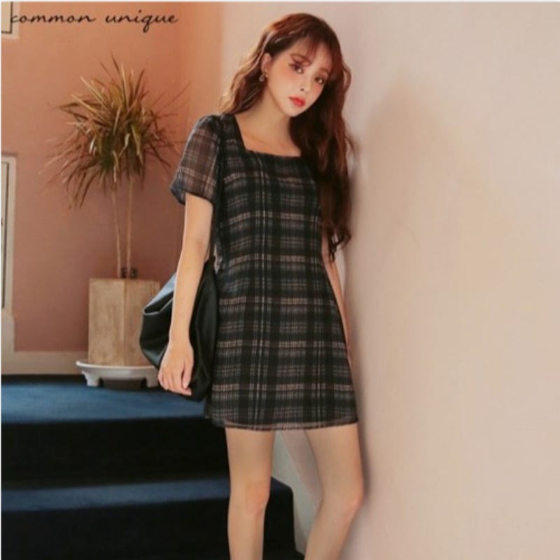 [韓国ブランド] COMMON UNIQUE/ Cash Check Square Chiffon Mini Dress/ ミニドレス