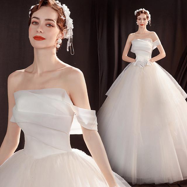 ワンショルダー ウエディングドレス 結婚式ドレス Aライン ホワイトドレス シンプル エレガント 花嫁ドレス 披露宴 挙式 ブライダルドレス 編み上げ