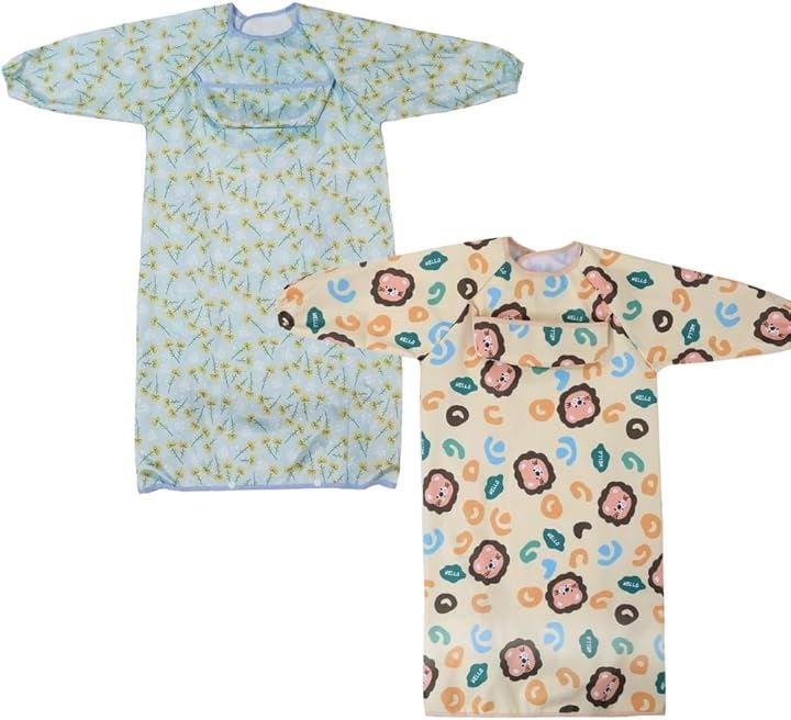 保育士推奨 食べこぼしキャッチでお掃除ラクラク テーブルクロス一体型エプロン 離乳食 ベビー つかみ食べ 長袖 撥水 保育園 赤ちゃん BLW(C:ライオン柄1枚&ミモザ柄1枚)