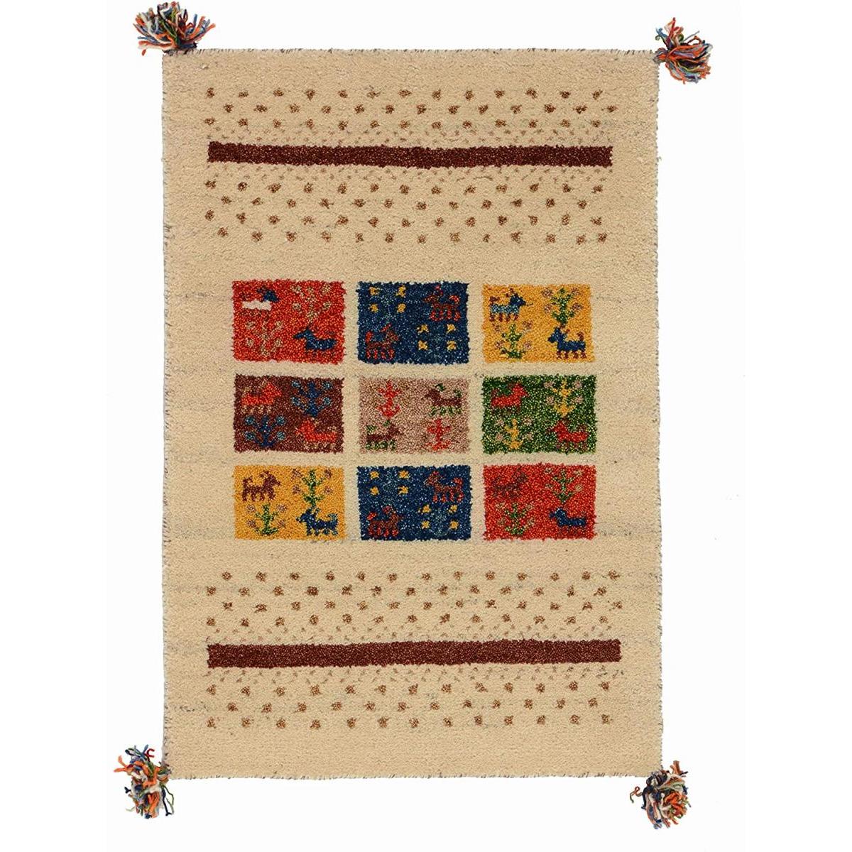 萩原 ギャッベ マット 玄関マット マルチ 約60X90cm GABBEH D19 ウール ラグ 手織り オールシーズン じゅうたん ラグマットラグマット