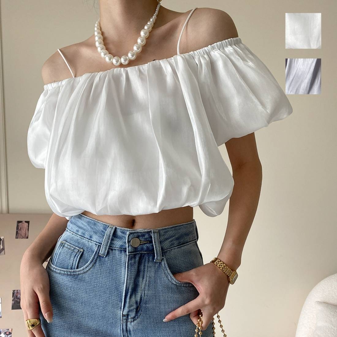 大安売り女性らしさ引き立つオフショル半袖トップス トップス カットソー 上品 華やか フェミニン おしゃれ パフスリーブ 光沢感 カジュアル キレイめ セクシー 韓国ファッション 半袖 お出かけ 夏