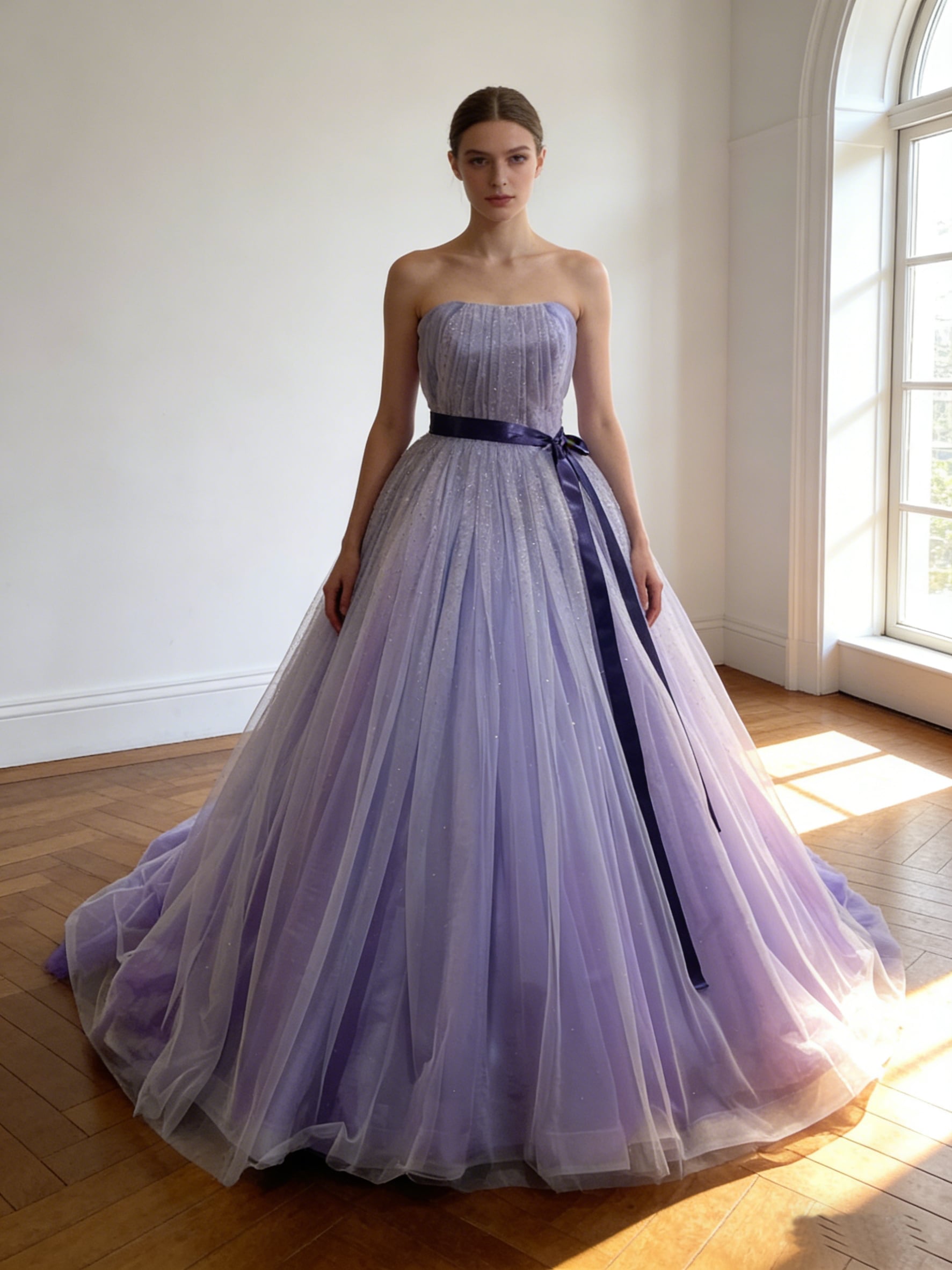 カラードレス パープル シークインチュール 華やかなトレーン スリット ビスチェドレス 花嫁 前撮り